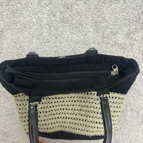 Unbranded Crochet Woven Top Handle Tote Bag Womens Black Beige Color Block Boho - Picture 5 of 8